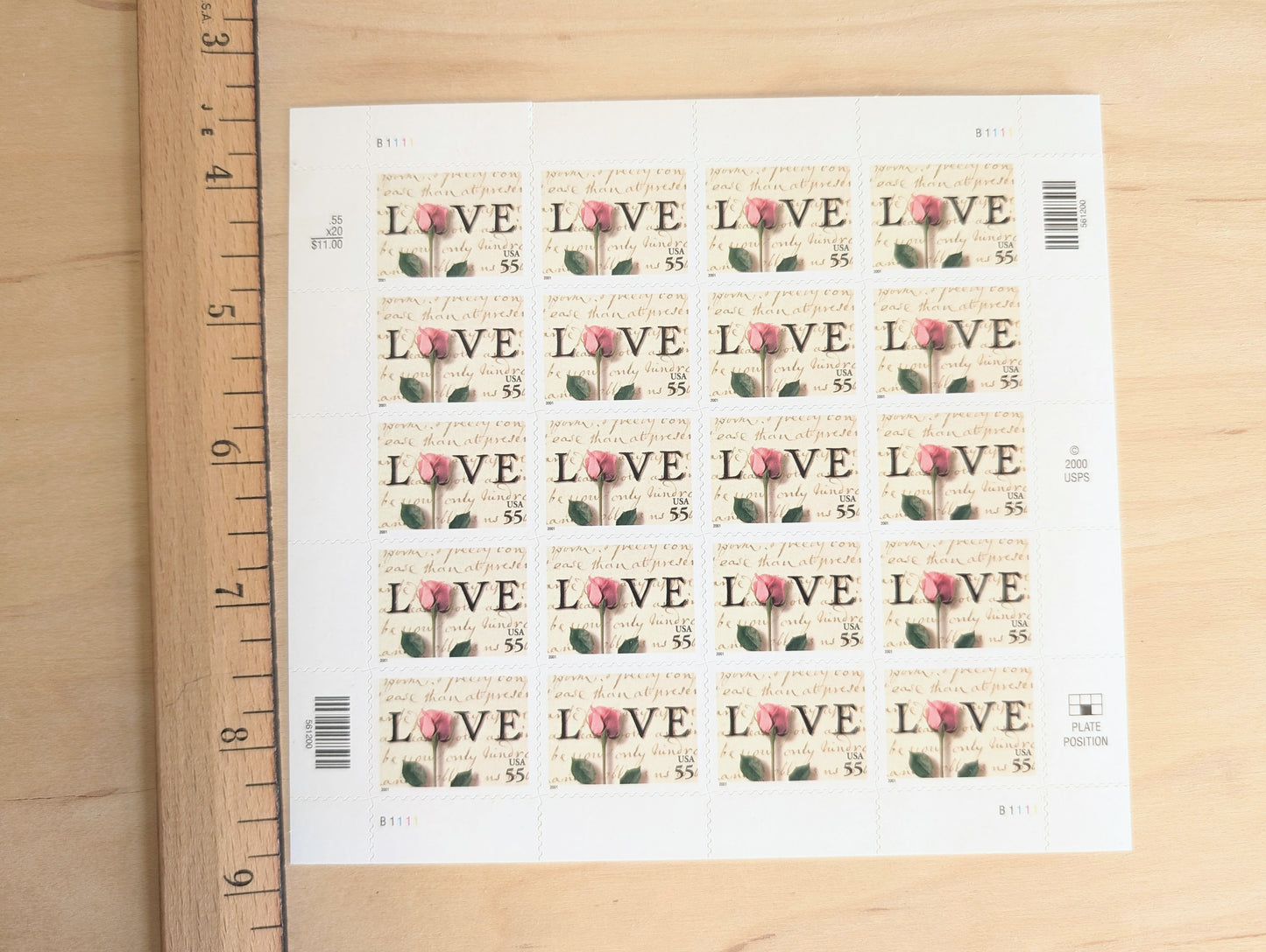 Sheet of 20 Love Postage Stamps, 55 Cent Stamps, 2000, Love Note And Rose
