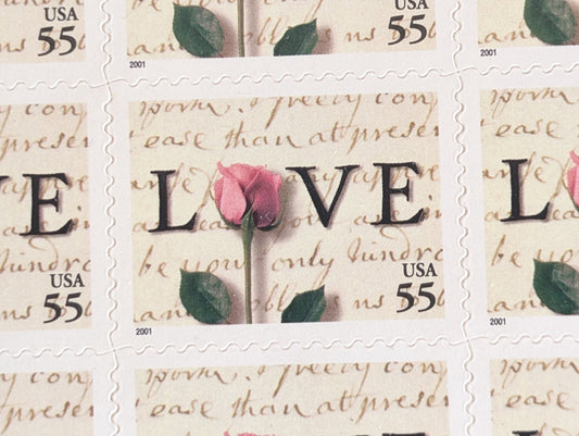 Sheet of 20 Love Postage Stamps, 55 Cent Stamps, 2000, Love Note And Rose