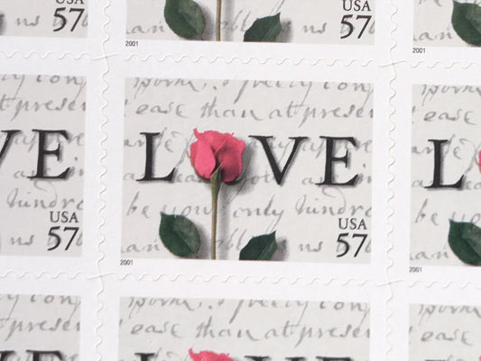 Sheet of 20 Love Postage Stamps, 57 Cent Stamps, 2000, Love Note And Rose