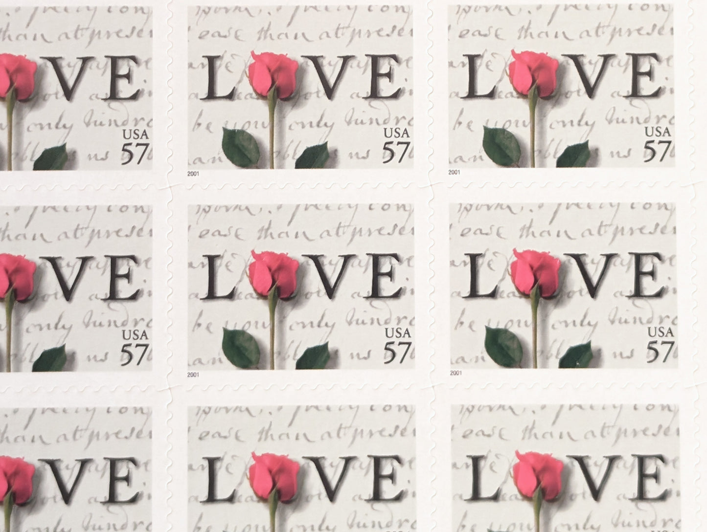 Sheet of 20 Love Postage Stamps, 57 Cent Stamps, 2000, Love Note And Rose