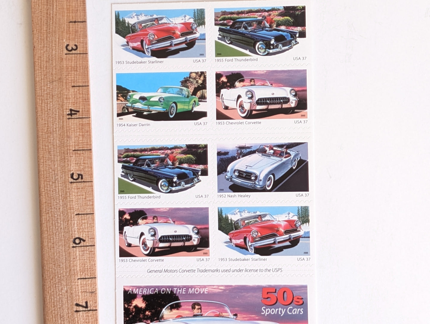 Sheet of 20 Sporty Cars Stamps, America on The Move, 37 cent stamps, 2005 Unused USPS Postage Stamps