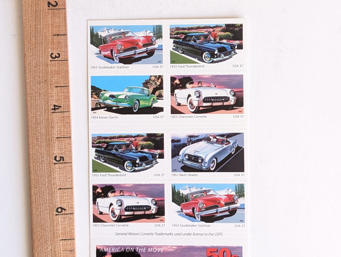 Sheet of 20 Sporty Cars Stamps, America on The Move, 37 cent stamps, 2005 Unused USPS Postage Stamps