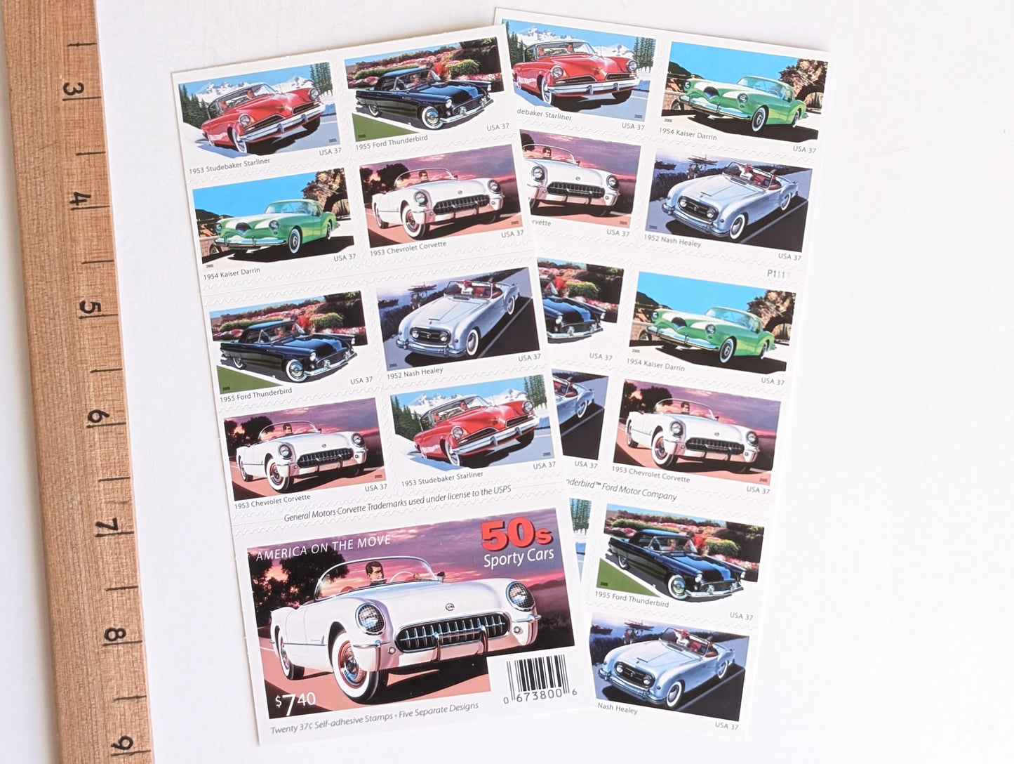 Sheet of 20 Sporty Cars Stamps, America on The Move, 37 cent stamps, 2005 Unused USPS Postage Stamps