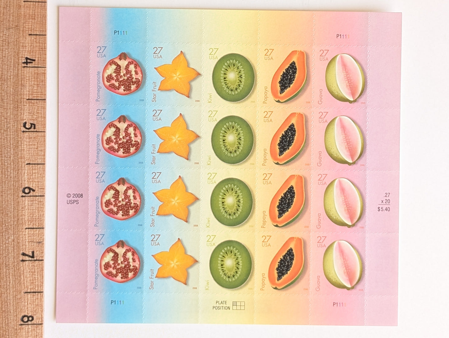 Sheet of 20 Tropical Fruit Stamps, 27 Cent Stamps, 2008 Unused USPS Postage Stamps