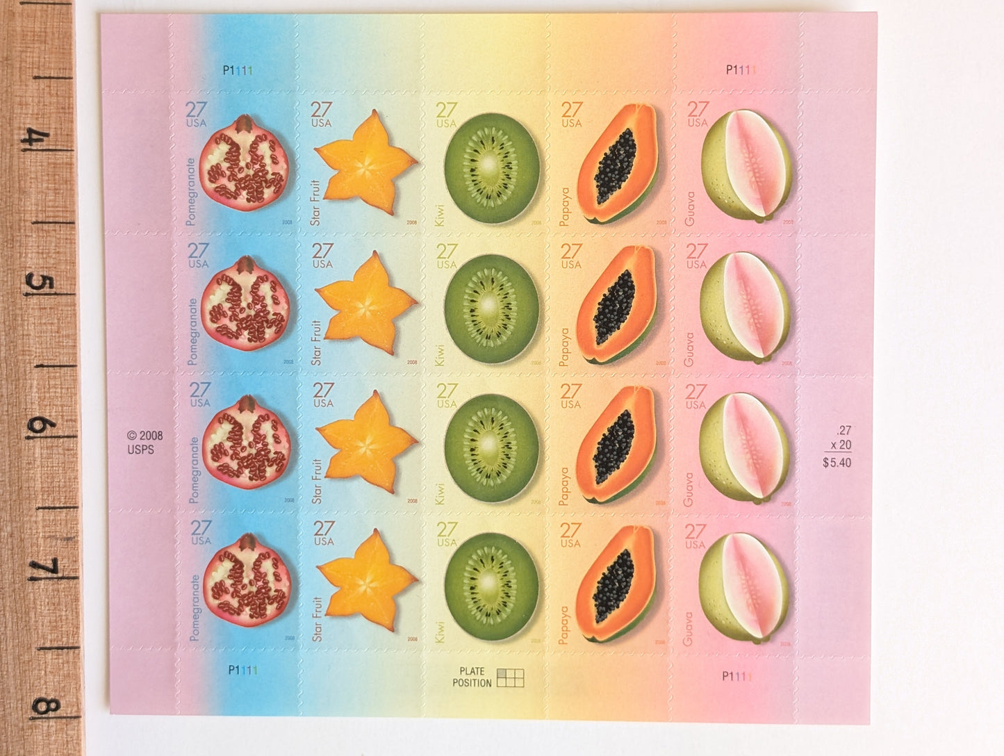 Sheet of 20 Tropical Fruit Stamps, 27 Cent Stamps, 2008 Unused USPS Postage Stamps