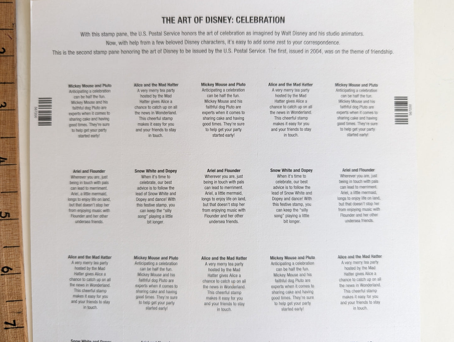 Sheet of 20 The Art of Disney Celebration Stamps, 37 Cent Stamps, 2005 Unused USPS Postage Stamps