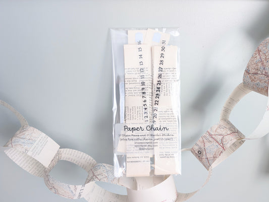 Vintage Map Paper Chain Kit, 31 Chains & Number Stickers to Count Down/Decorate, Made with Vintage Maps