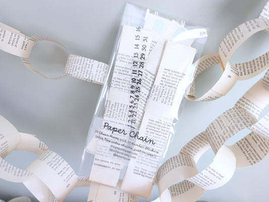 Vintage Book Paper Chain Kit, 31 Chains and 31 Number Stickers to Count Down or Decorate, Made with Vintage Book Pages, 1 or 1.5 Inches Wide