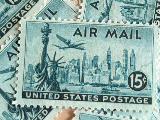 10 US Airmail Postage Stamps, 15 Cent Stamps, 1947 Unused US Postage Stamps