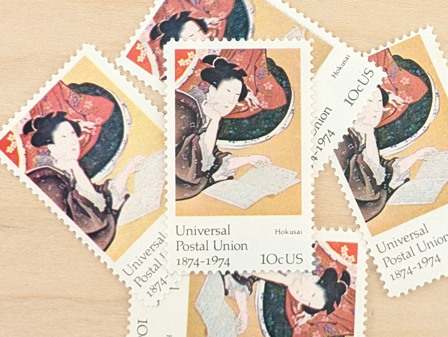 5 Universal Postal Union Hokusai Postage Stamps, 10 Cent Stamps, 1974 Unused US Postage Stamps