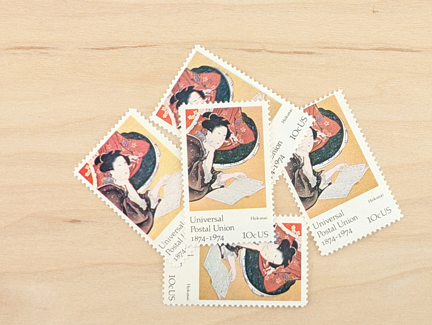 5 Universal Postal Union Hokusai Postage Stamps, 10 Cent Stamps, 1974 Unused US Postage Stamps