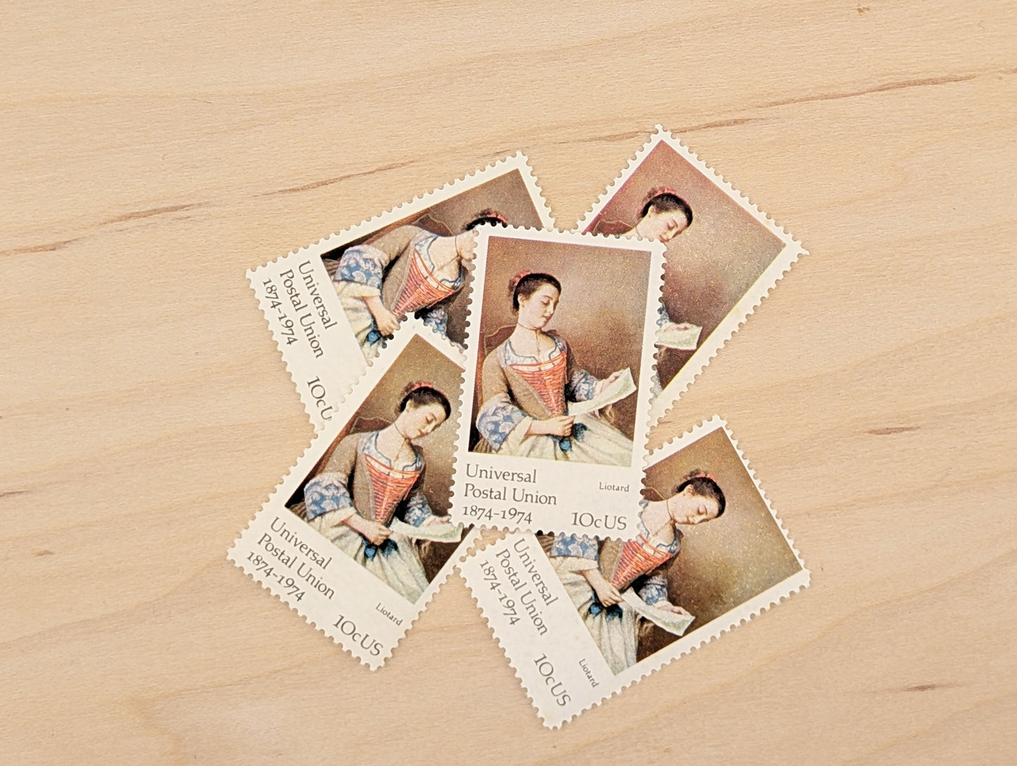 5 Universal Postal Union Liotard Postage Stamps, 10 Cent Stamps, 1974 Unused US Postage Stamps