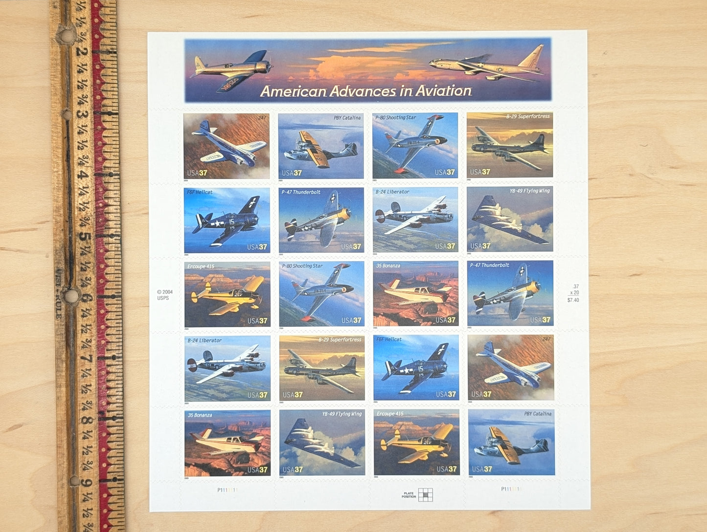 Sheet of 20 American Advances in Aviation, US Postage Stamp Sheet, 2004, Twenty 37 Cent Stamps