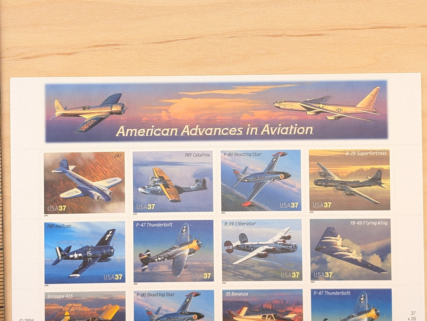 Sheet of 20 American Advances in Aviation, US Postage Stamp Sheet, 2004, Twenty 37 Cent Stamps