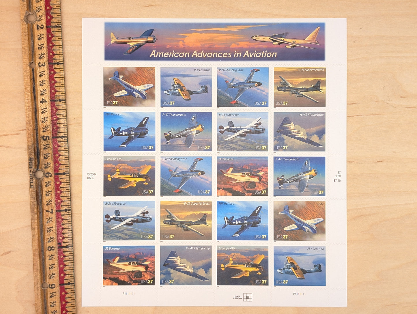 Sheet of 20 American Advances in Aviation, US Postage Stamp Sheet, 2004, Twenty 37 Cent Stamps