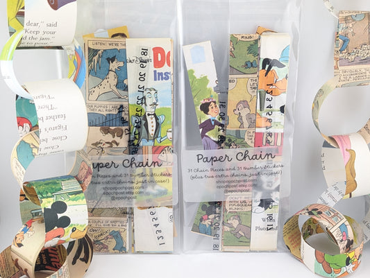 Disney Trip Count Down Paper Chain Kit, 31 Adhesive Chains and 31 Number Stickers, Made With Vintage Disney Books, 1 or 1.5 Inches Wide