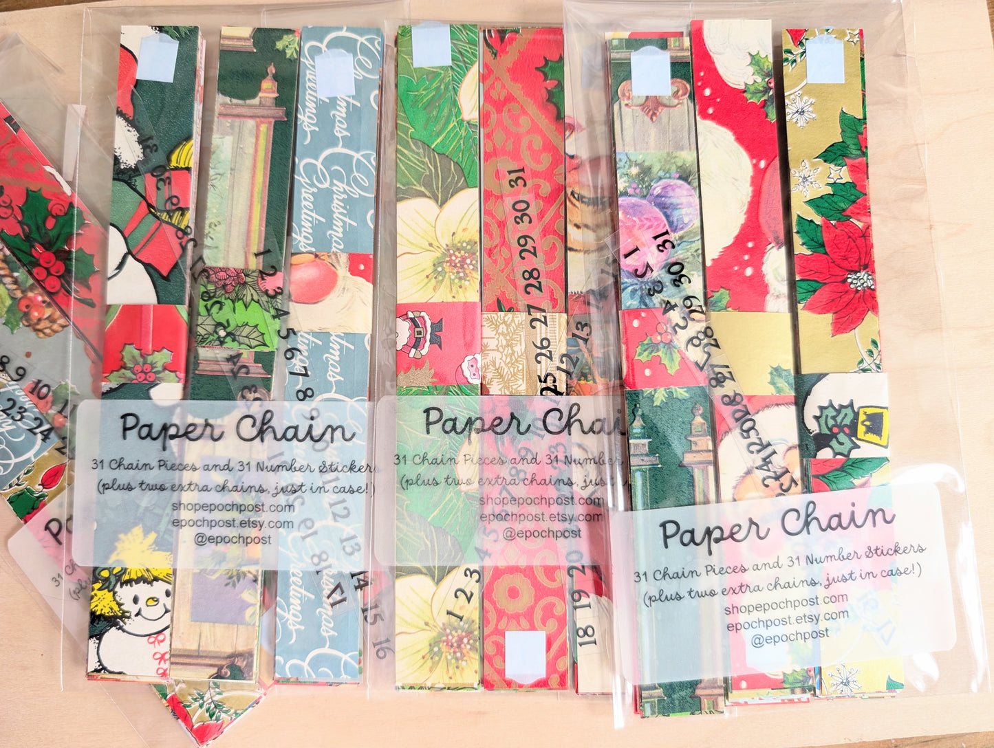 Double Sided Christmas Wrapping Paper Chain Kit, 31 Chains & Number Stickers to Count Down/Decorate, Made with Vintage Wrap, 1.5 or 1 Inch