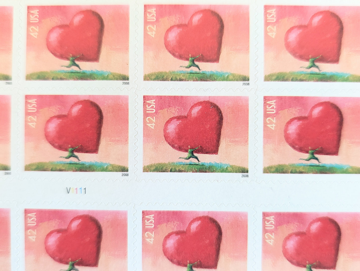 All Heart Sheet of 20 Unused Postage Stamps, 2008 Unused 42 Cent US Postage Stamps