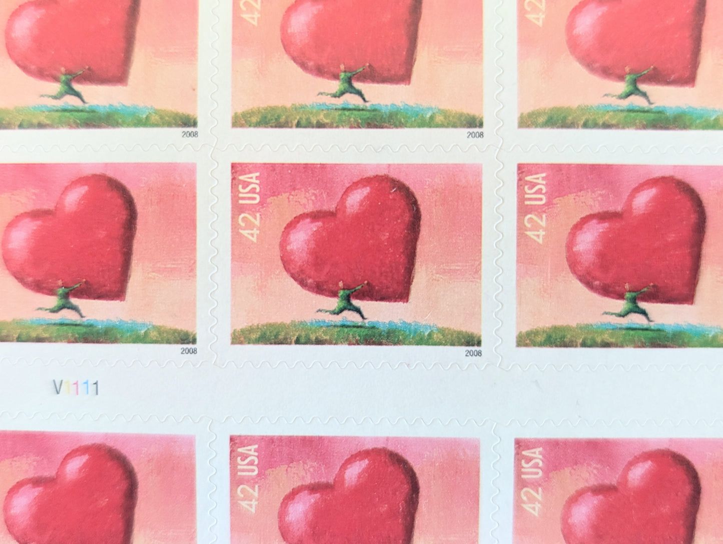 All Heart Sheet of 20 Unused Postage Stamps, 2008 Unused 42 Cent US Postage Stamps