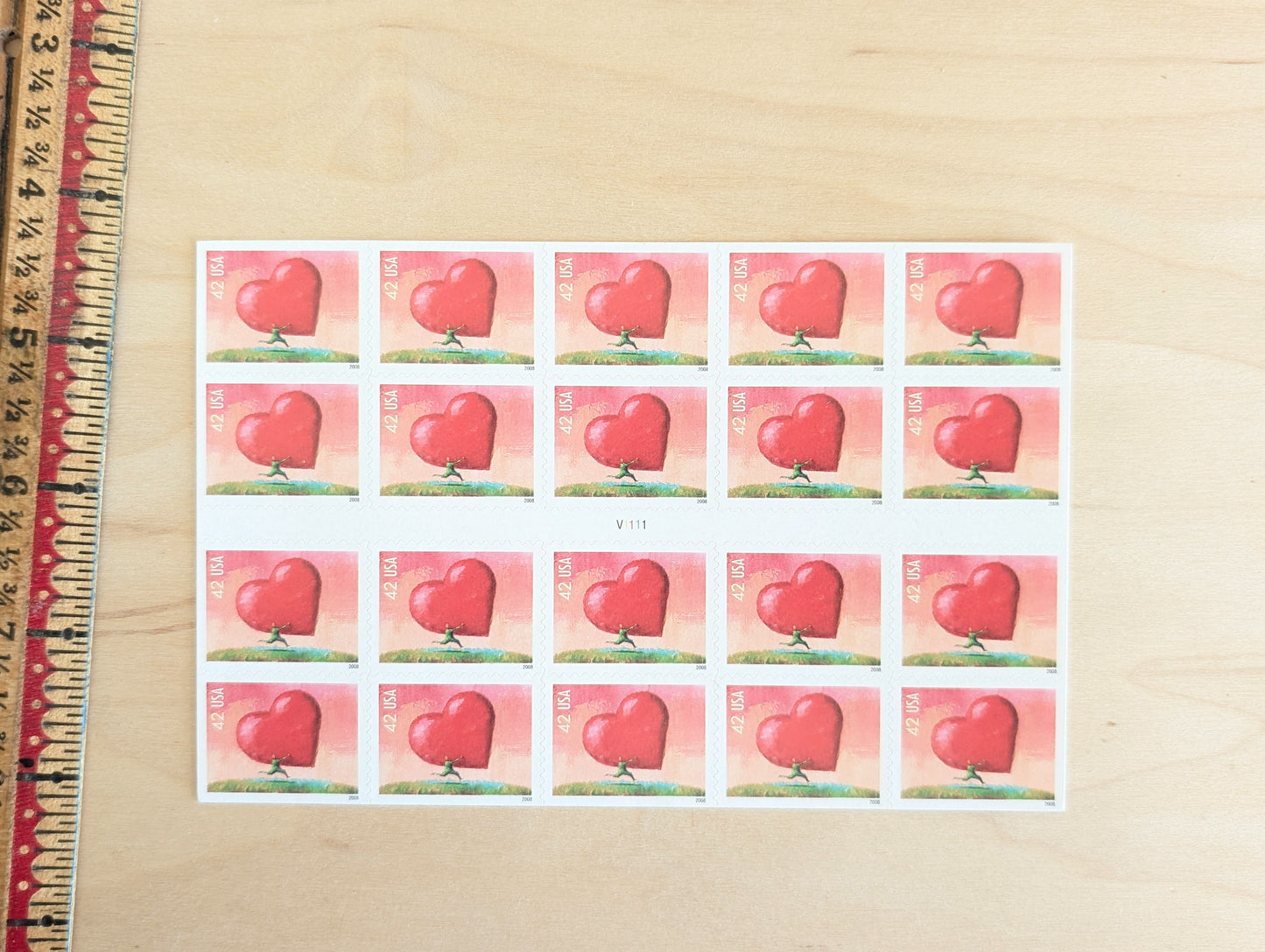 All Heart Sheet of 20 Unused Postage Stamps, 2008 Unused 42 Cent US Postage Stamps