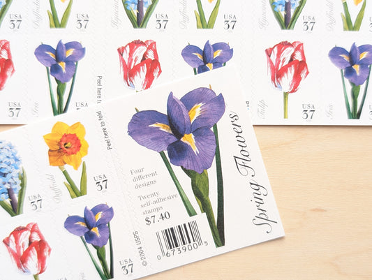 Spring Flowers, Booklet of 20, Vintage Unused USPS 37 Cent Postage Stamps, Spring Flowers (Daffodil, Hyacinth, Tulip, Iris), 2004, Self-Adhesive