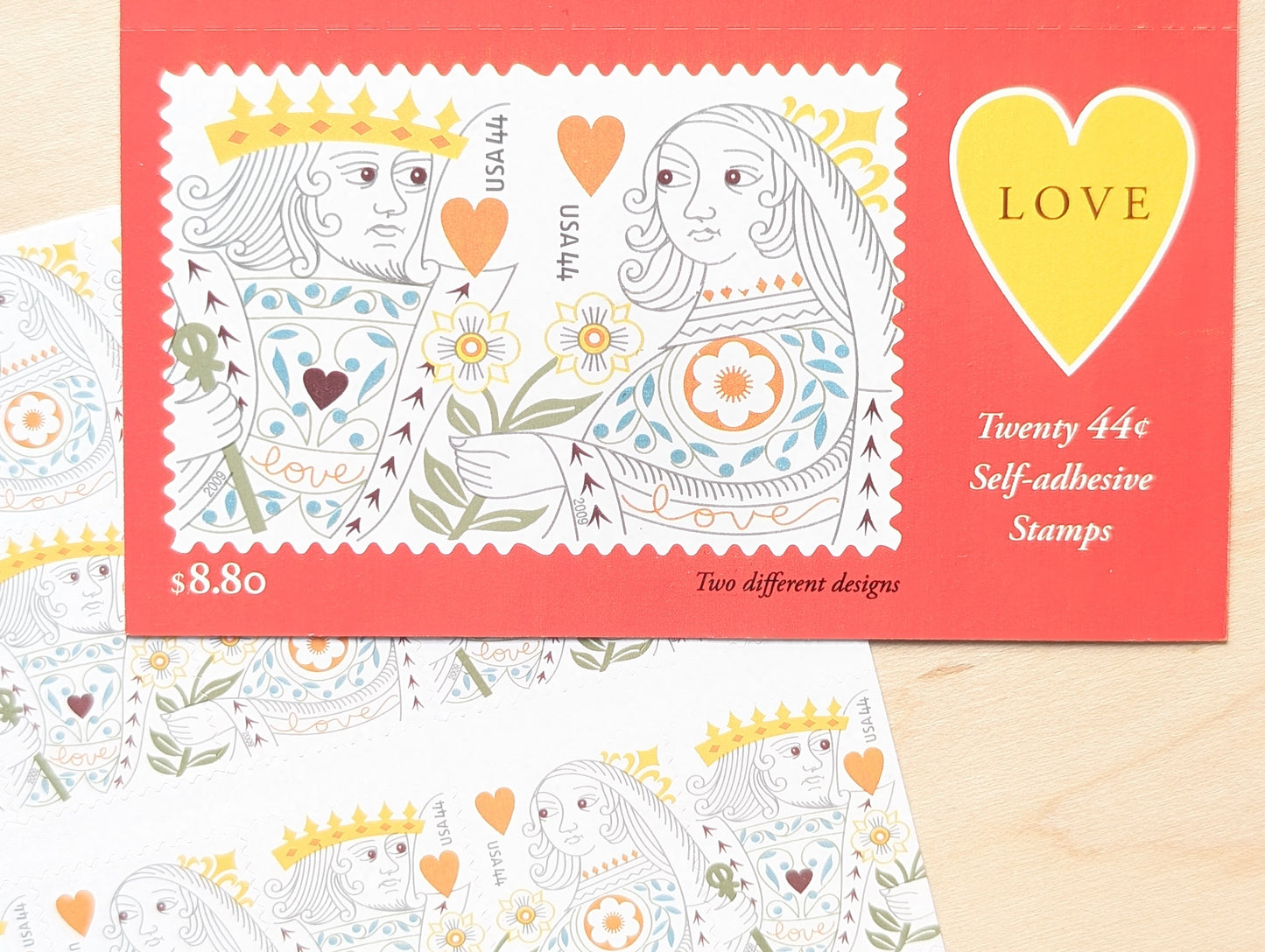 Love King and Queen of Hearts, Sheet of 20, Unused USPS 44 Cent Postage Stamps, Love Series, 2009, Self-Adhesive