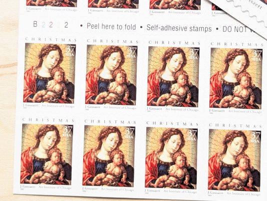 J. Gossaert Madonna and Child, Sheet of 20, Vintage Unused USPS 37 Cent Postage Stamps, Christmas Stamps (J. Gossaert Madonna and Child), 2002, Self-Adhesive