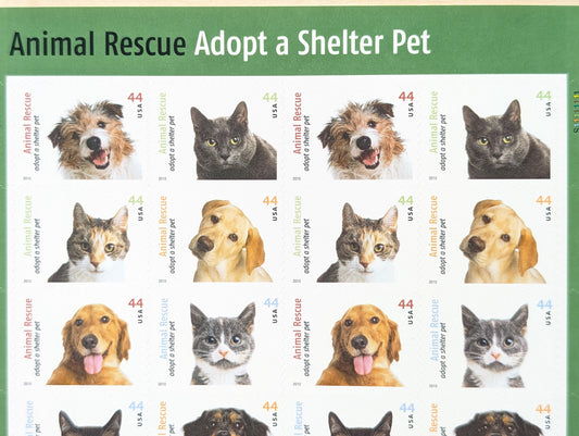Animal Rescue Adopt a Shelter Pet, Sheet of 20, Unused USPS 44 Cent Postage Stamps, Animal Rescue Stamps, 2010, Self-Adhesive