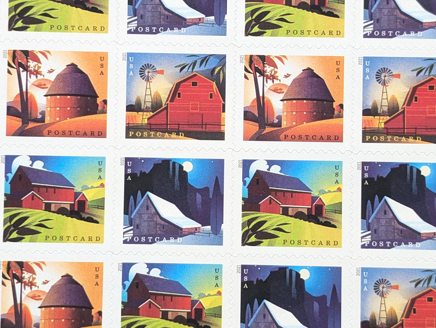Barn Postcard, Sheet of 20, Unused USPS Forever Postcard Stamps, Barn Postcard Stamps, 2021, Self-Adhesive