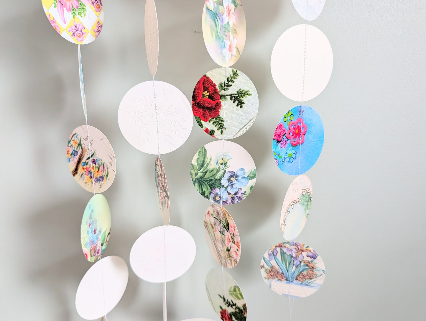 Circle Garland Made from Vintage Floral Greeting Cards, About 80 Inches Long, 31 Circles, 2.5 Inch Diameter Circles