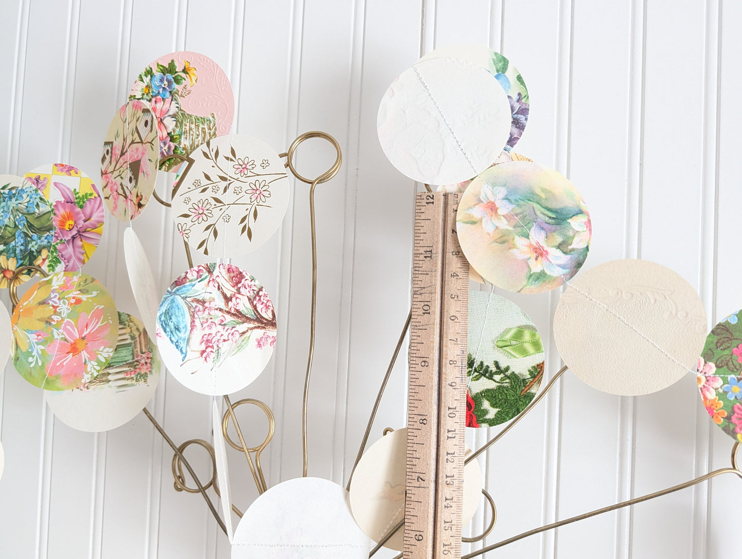 Circle Garland Made from Vintage Floral Greeting Cards, About 80 Inches Long, 31 Circles, 2.5 Inch Diameter Circles