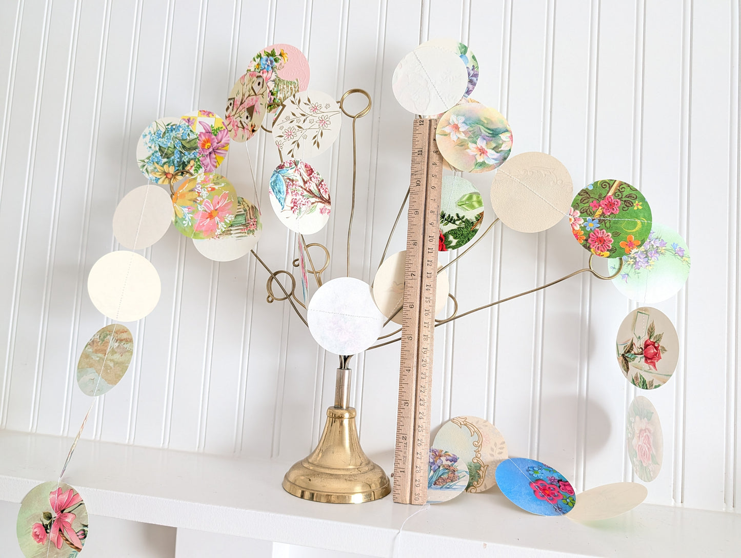 Circle Garland Made from Vintage Floral Greeting Cards, About 80 Inches Long, 31 Circles, 2.5 Inch Diameter Circles