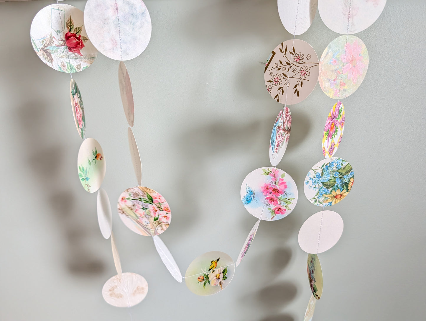 Circle Garland Made from Vintage Floral Greeting Cards, About 80 Inches Long, 31 Circles, 2.5 Inch Diameter Circles