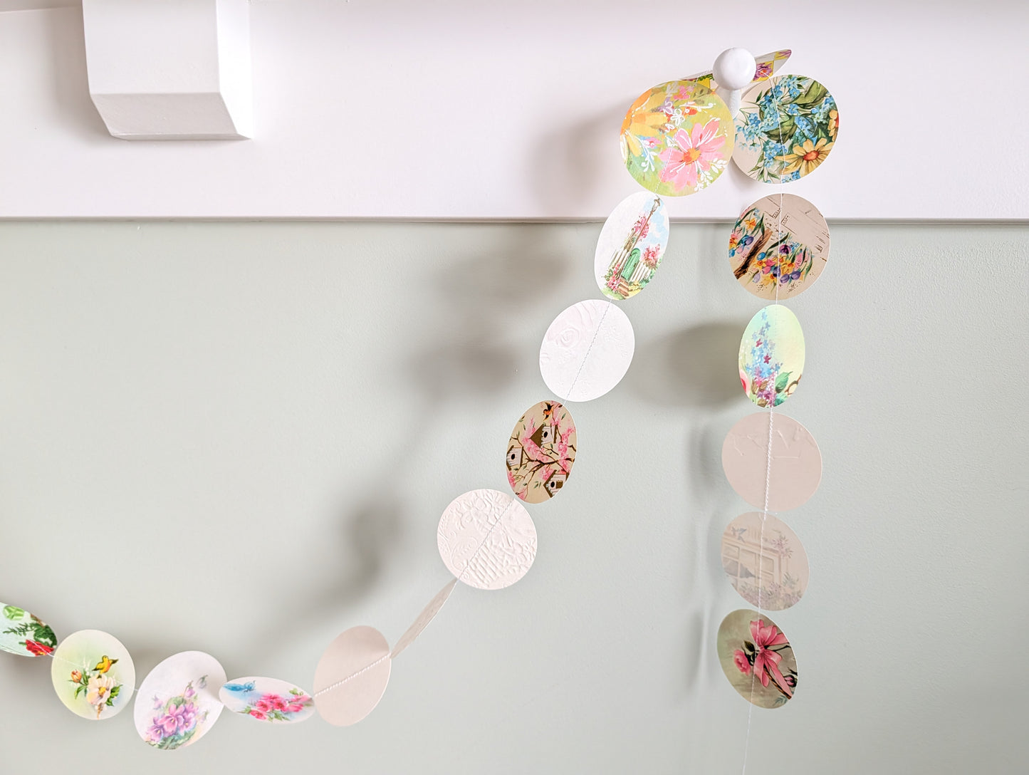 Circle Garland Made from Vintage Floral Greeting Cards, About 80 Inches Long, 31 Circles, 2.5 Inch Diameter Circles