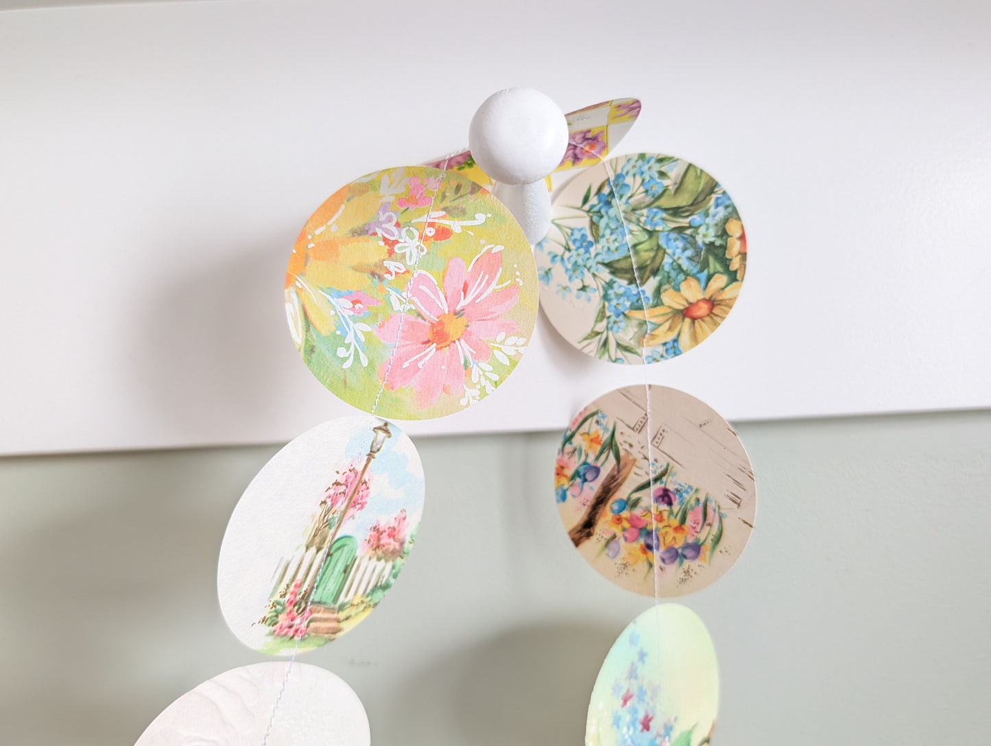 Circle Garland Made from Vintage Floral Greeting Cards, About 80 Inches Long, 31 Circles, 2.5 Inch Diameter Circles