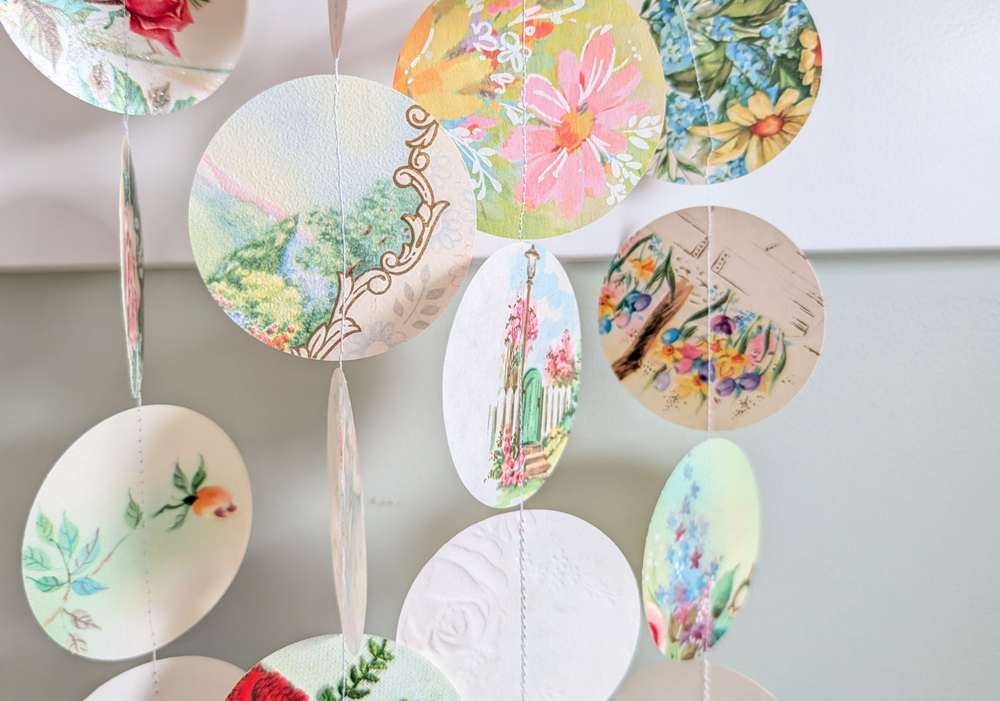 Circle Garland Made from Vintage Floral Greeting Cards, About 80 Inches Long, 31 Circles, 2.5 Inch Diameter Circles