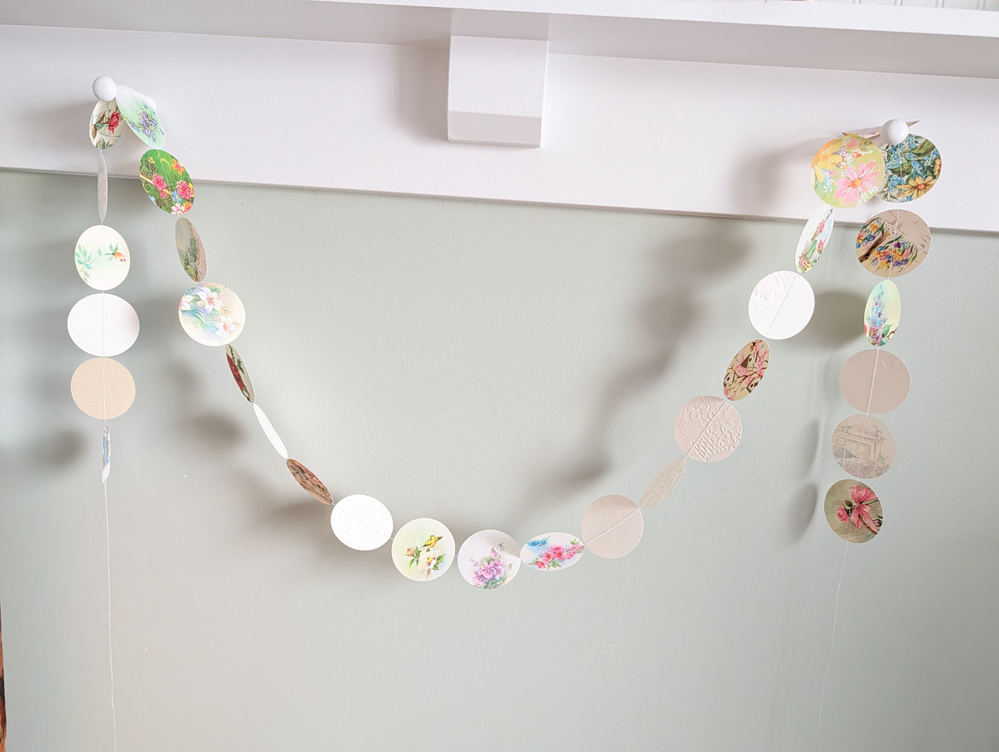 Circle Garland Made from Vintage Floral Greeting Cards, About 80 Inches Long, 31 Circles, 2.5 Inch Diameter Circles