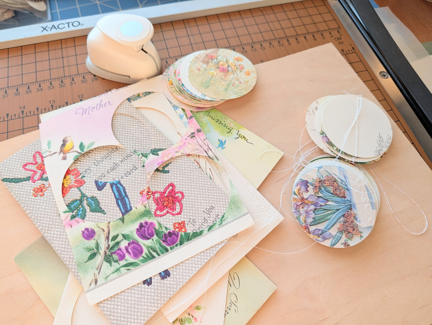 Circle Garland Made from Vintage Floral Greeting Cards, About 80 Inches Long, 31 Circles, 2.5 Inch Diameter Circles