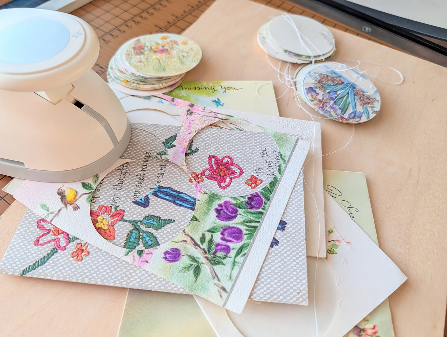 Circle Garland Made from Vintage Floral Greeting Cards, About 80 Inches Long, 31 Circles, 2.5 Inch Diameter Circles