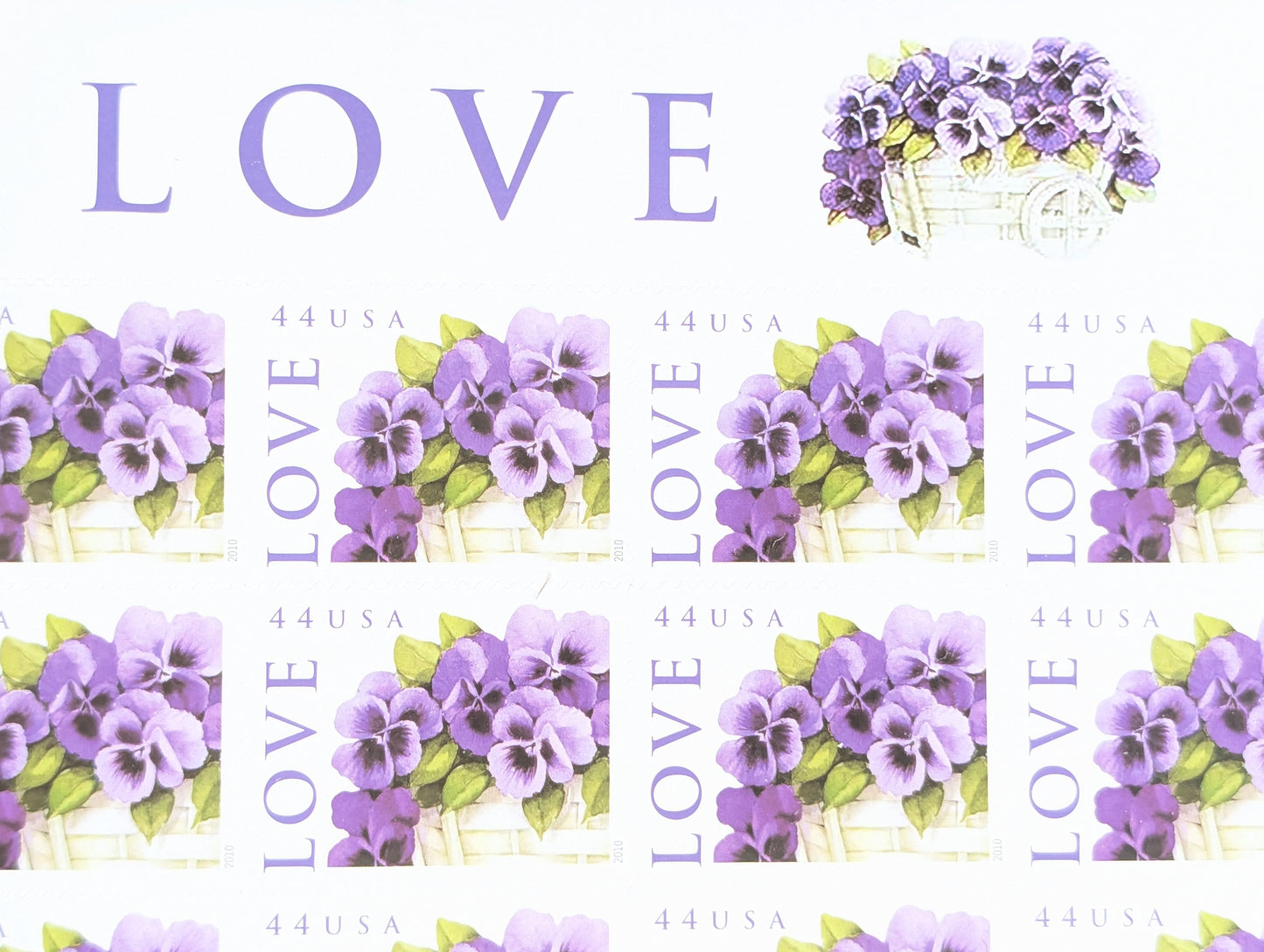 Sheet of 20 Pansies in a Basket Vintage Unused USPS 44 Cent Stamps, Self-Adhesive 2010