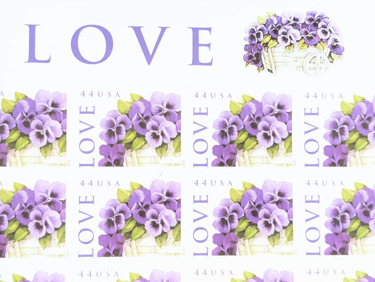 Sheet of 20 Pansies in a Basket Vintage Unused USPS 44 Cent Stamps, Self-Adhesive 2010