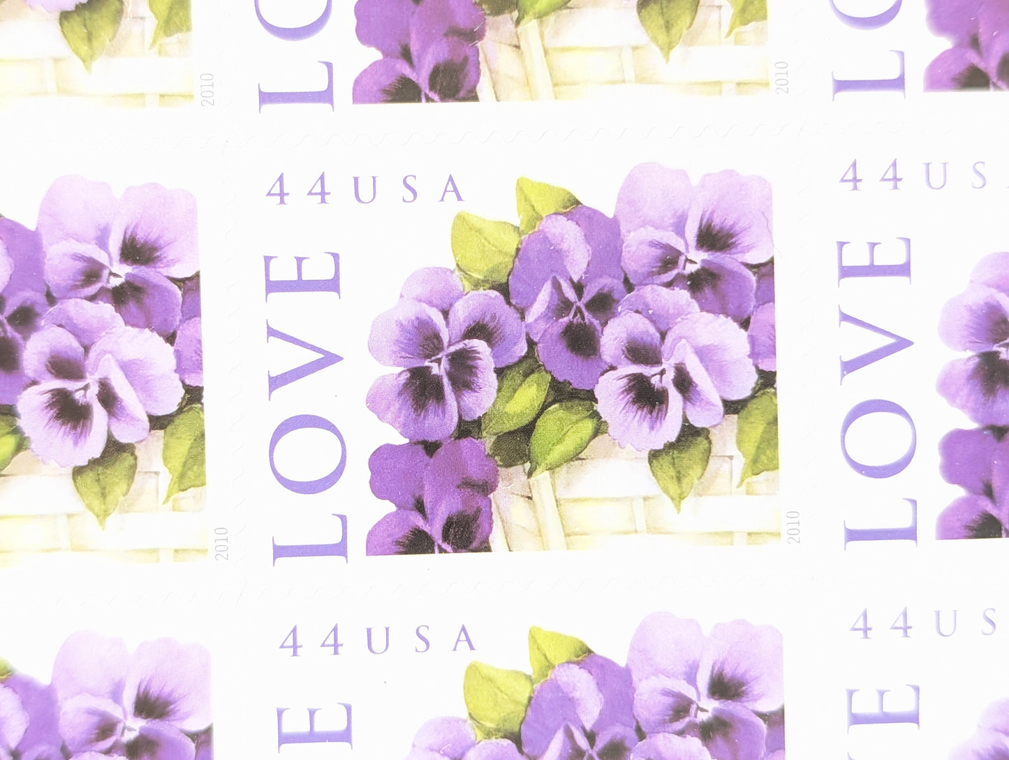 Sheet of 20 Pansies in a Basket Vintage Unused USPS 44 Cent Stamps, Self-Adhesive 2010