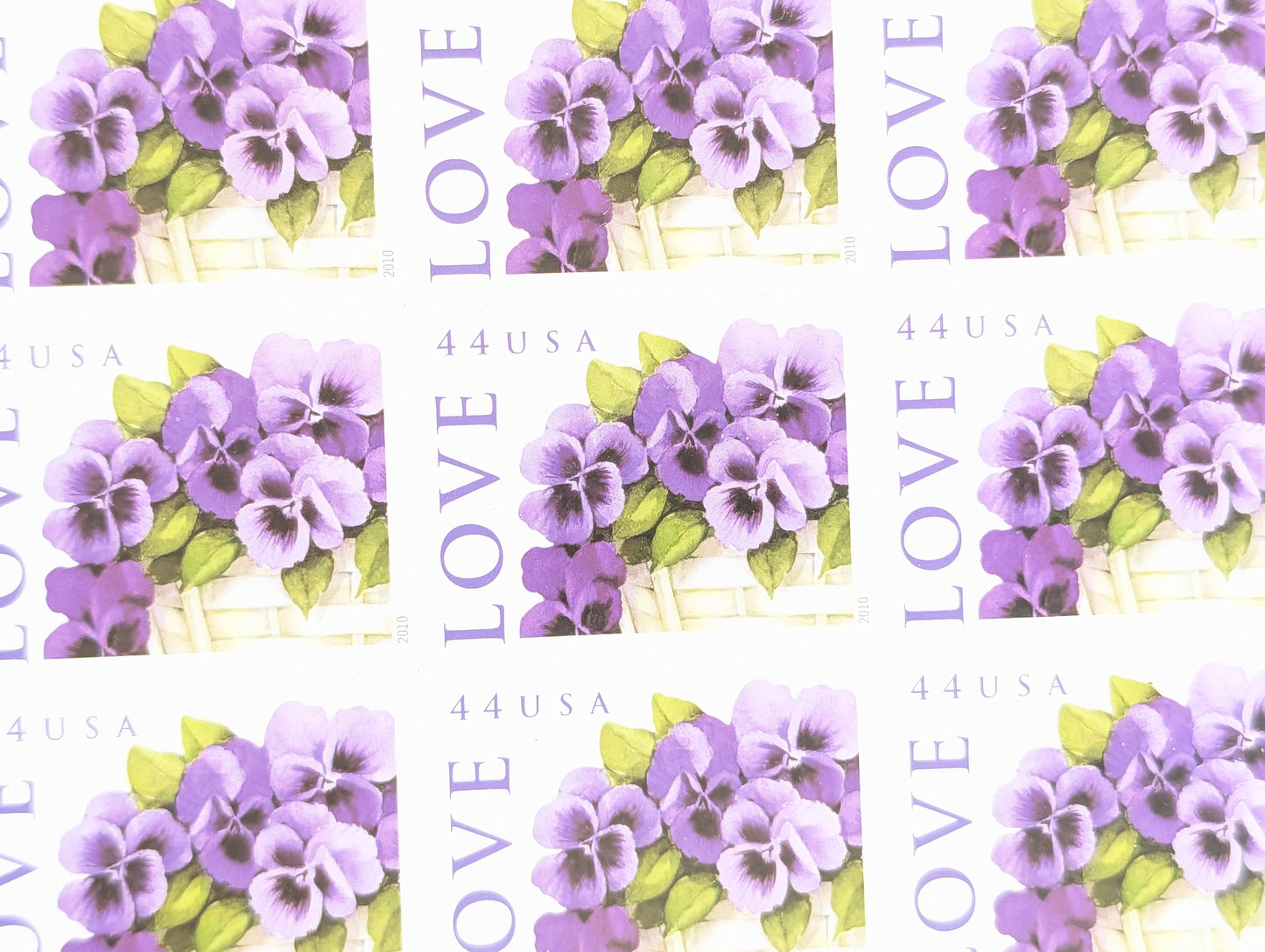 Sheet of 20 Pansies in a Basket Vintage Unused USPS 44 Cent Stamps, Self-Adhesive 2010