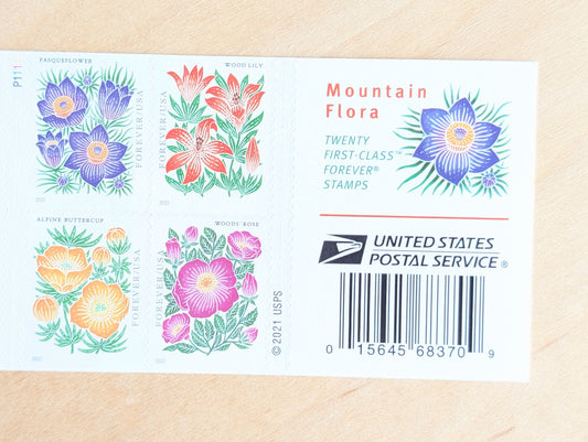 Bookelt of 20 Mountain Flora Stamps, Unused USPS Forever Postage Stamps, 2021 Self-Adhesive