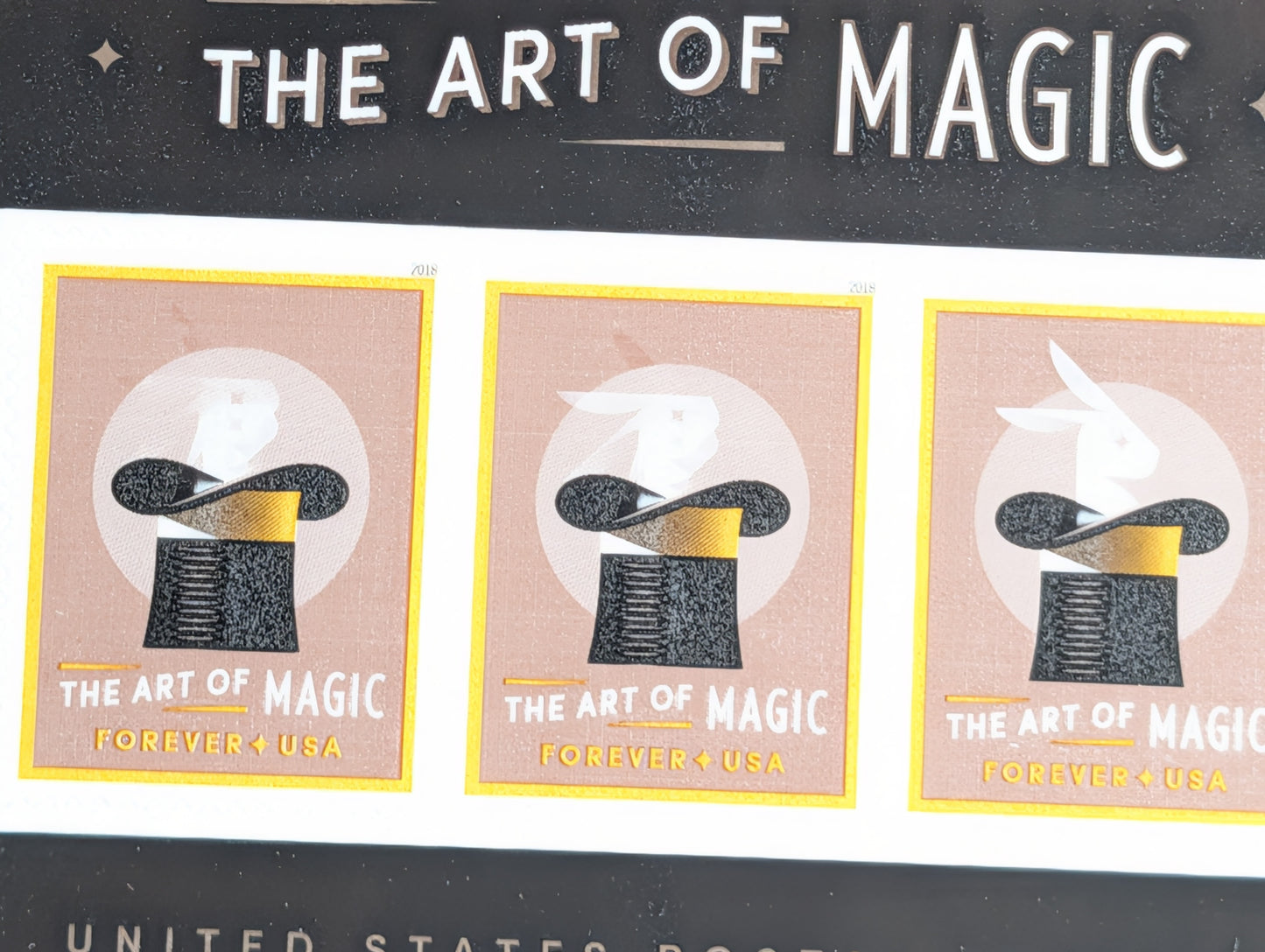 The Art of Magic Ventricular Rabbit in Hat Postage Stamp Sheet of 3, USPS Forever Stamps, 2018 Self-Adhesive