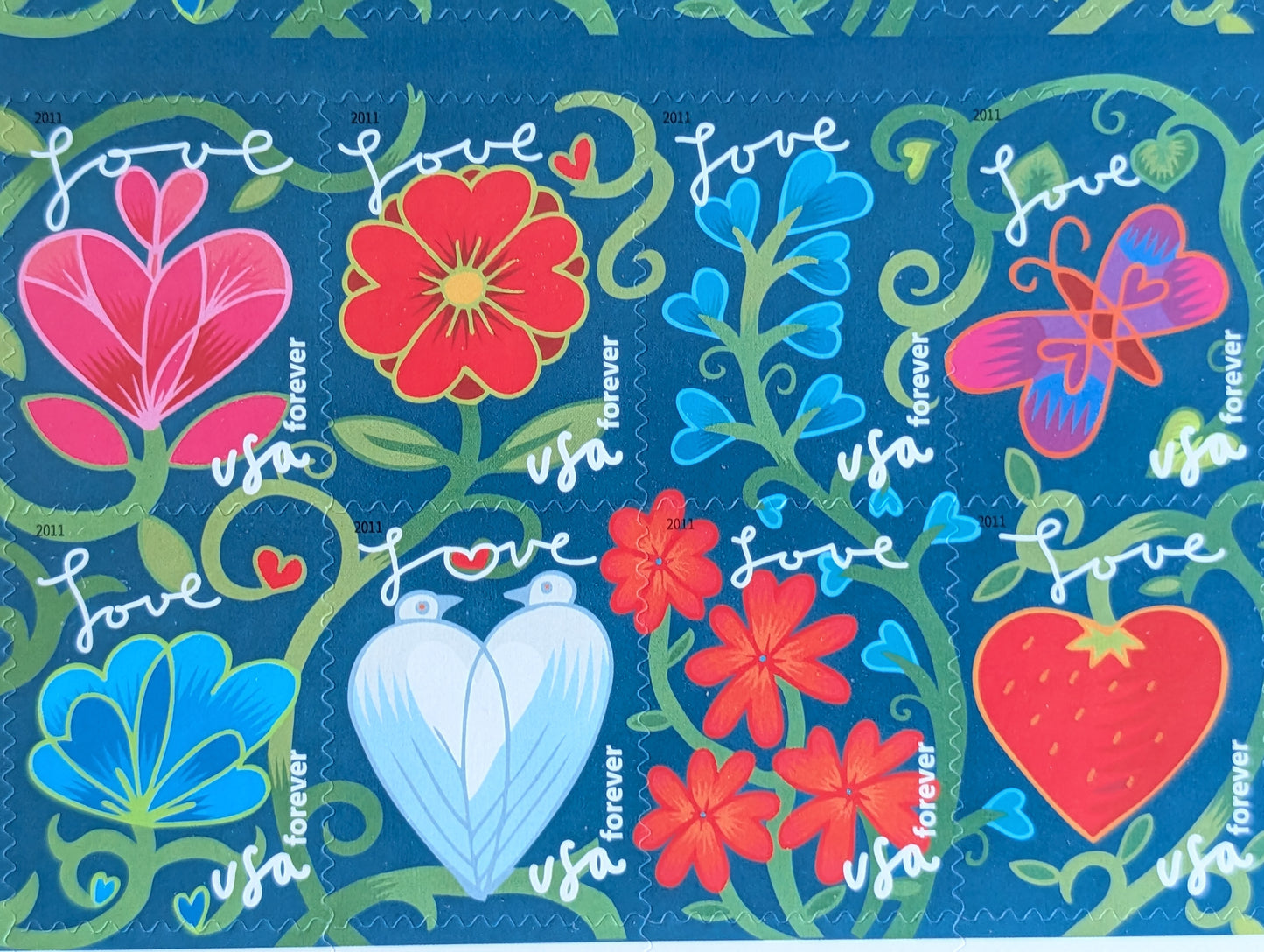 Garden of Love Unused Postage Stamps, USPS Forever Stamps, 2010 Self-Adhesive