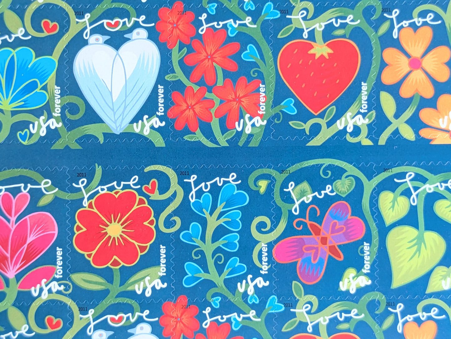 Garden of Love Unused Postage Stamps, USPS Forever Stamps, 2010 Self-Adhesive