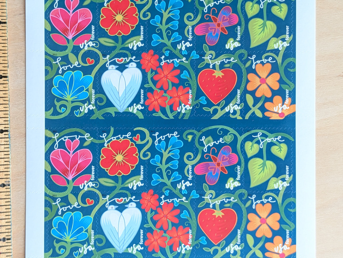 Garden of Love Unused Postage Stamps, USPS Forever Stamps, 2010 Self-Adhesive