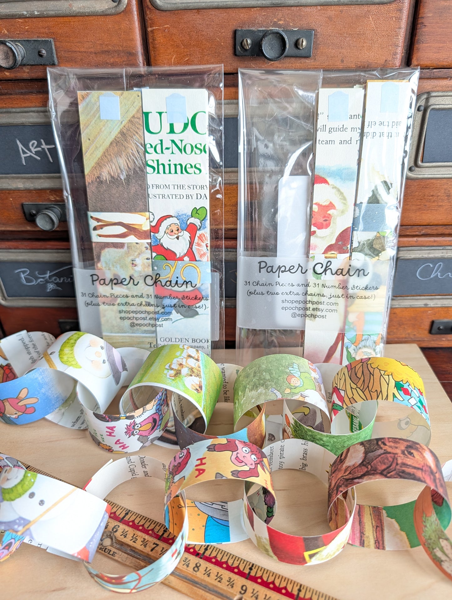 Christmas Golden Book Paper Chain Kit, 31 Chains and Number Stickers to Count Down or Decorate, Made with Book Pages, 1 or 1.5 Inches Wide