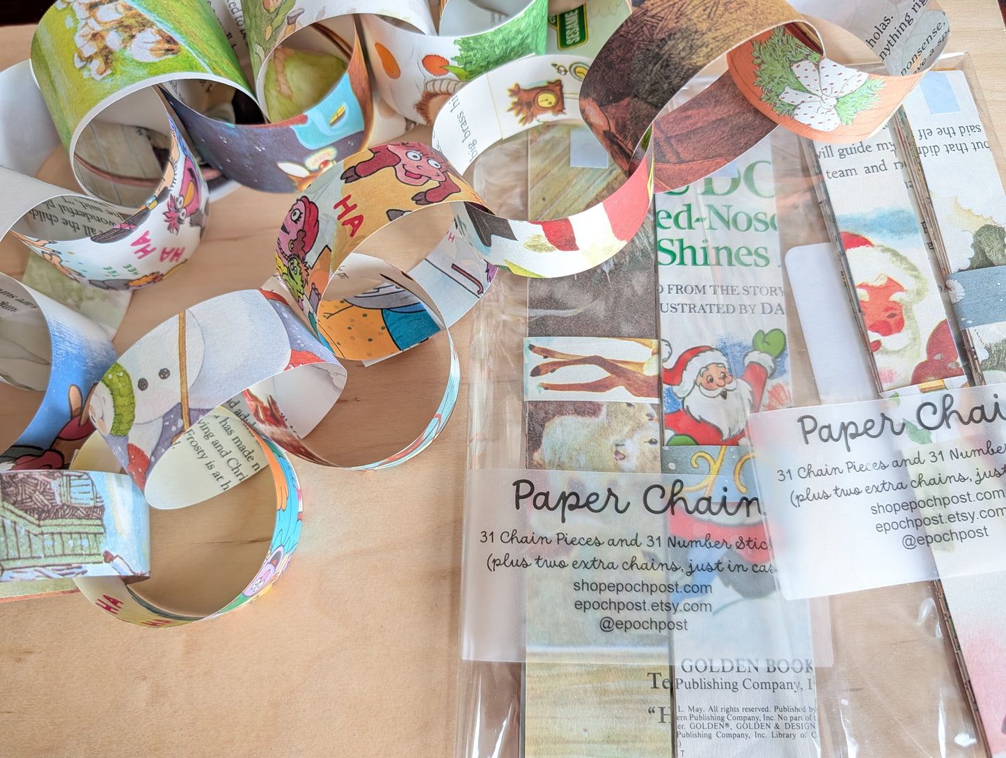 Christmas Golden Book Paper Chain Kit, 31 Chains and Number Stickers to Count Down or Decorate, Made with Book Pages, 1 or 1.5 Inches Wide